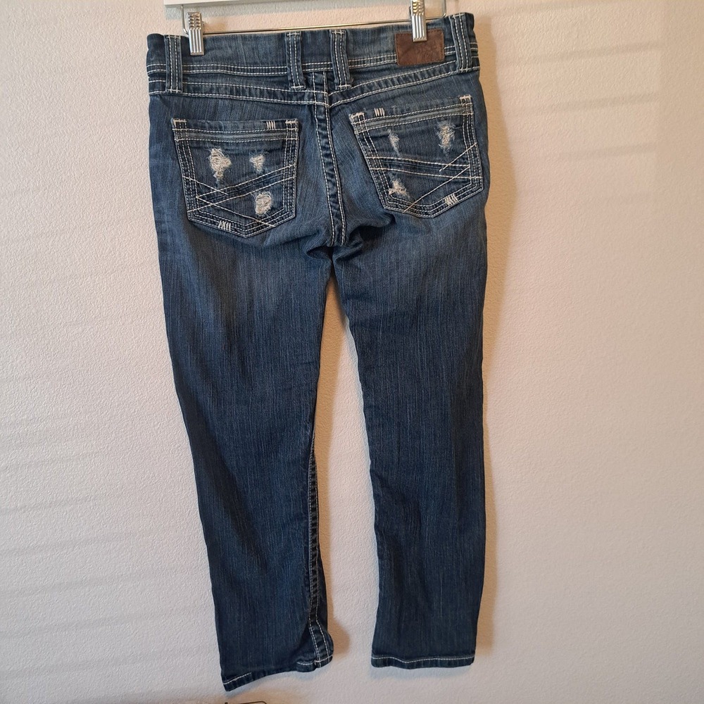 BKE Stella Low Rise Straight Leg Jeans Medium Wash Thick Stitch Distressed 29